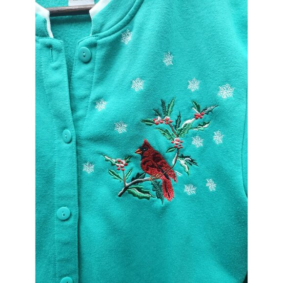 VTG Bon Worth Womens Green Embroidered Cardinal Fleece Snap-Front Cardigan Size - Picture 4 of 5